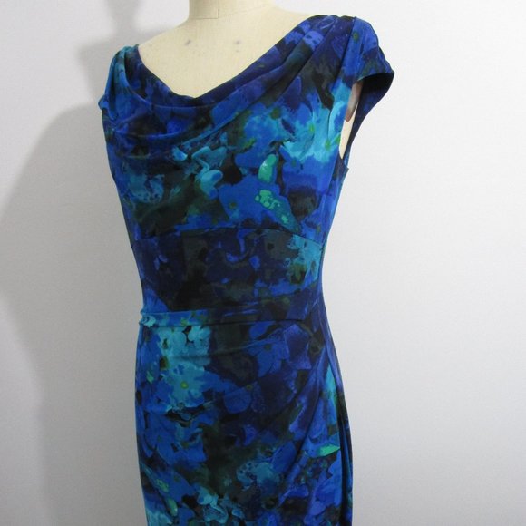 sz10 Cowl Knit Dress Bodycon Shirring Floral Blue - Picture 3 of 11